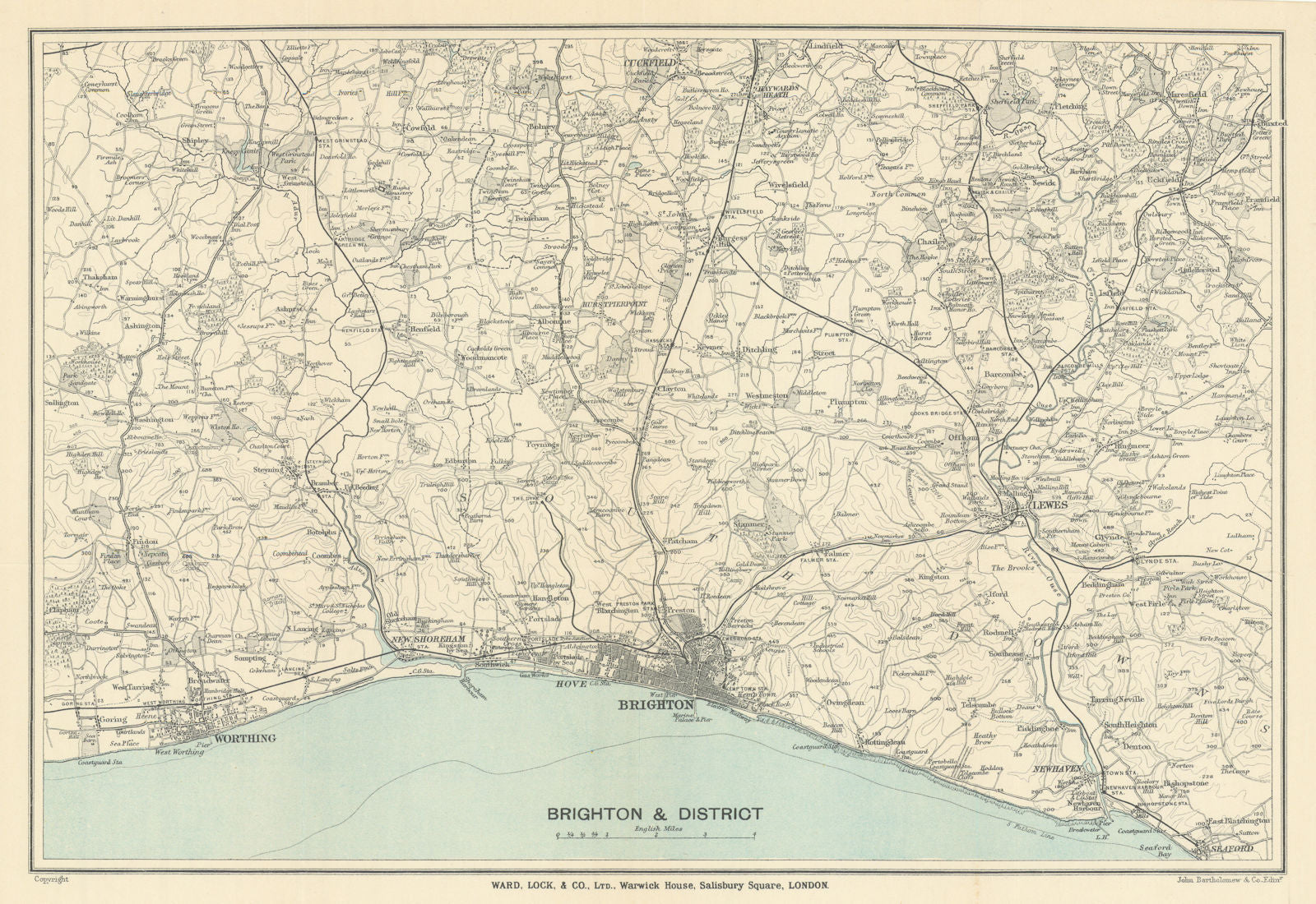 BRIGHTON & environs. Worthing Lewes Hove Shoreham. Sussex. South Downs 1910 map